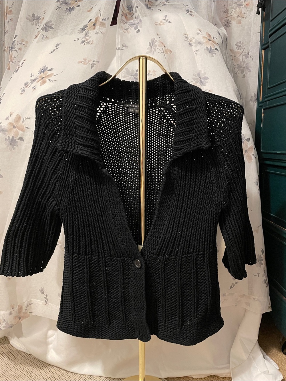 Theory Black Open-Knit Collared Cardigan